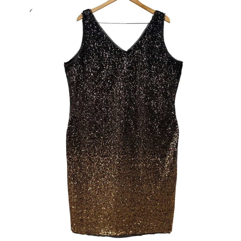 Rachel Rachel Roy Ombre Sequin V-Neck Sheath Dress Black Gold Plus Size 22W‎